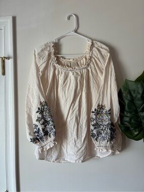100% Cotton Cream Embroidered Peasant Blouse